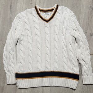 Zara V-Neck Sweater in White with Black and Gold Accents